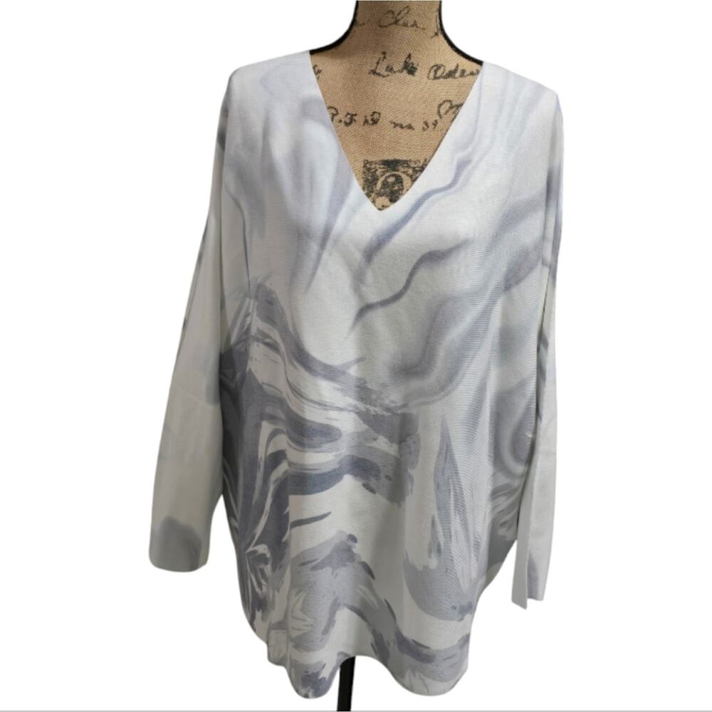 Sioni Womens 3X Marble Print V-Neck Knit Pullover Top White Grey Oversized NEW